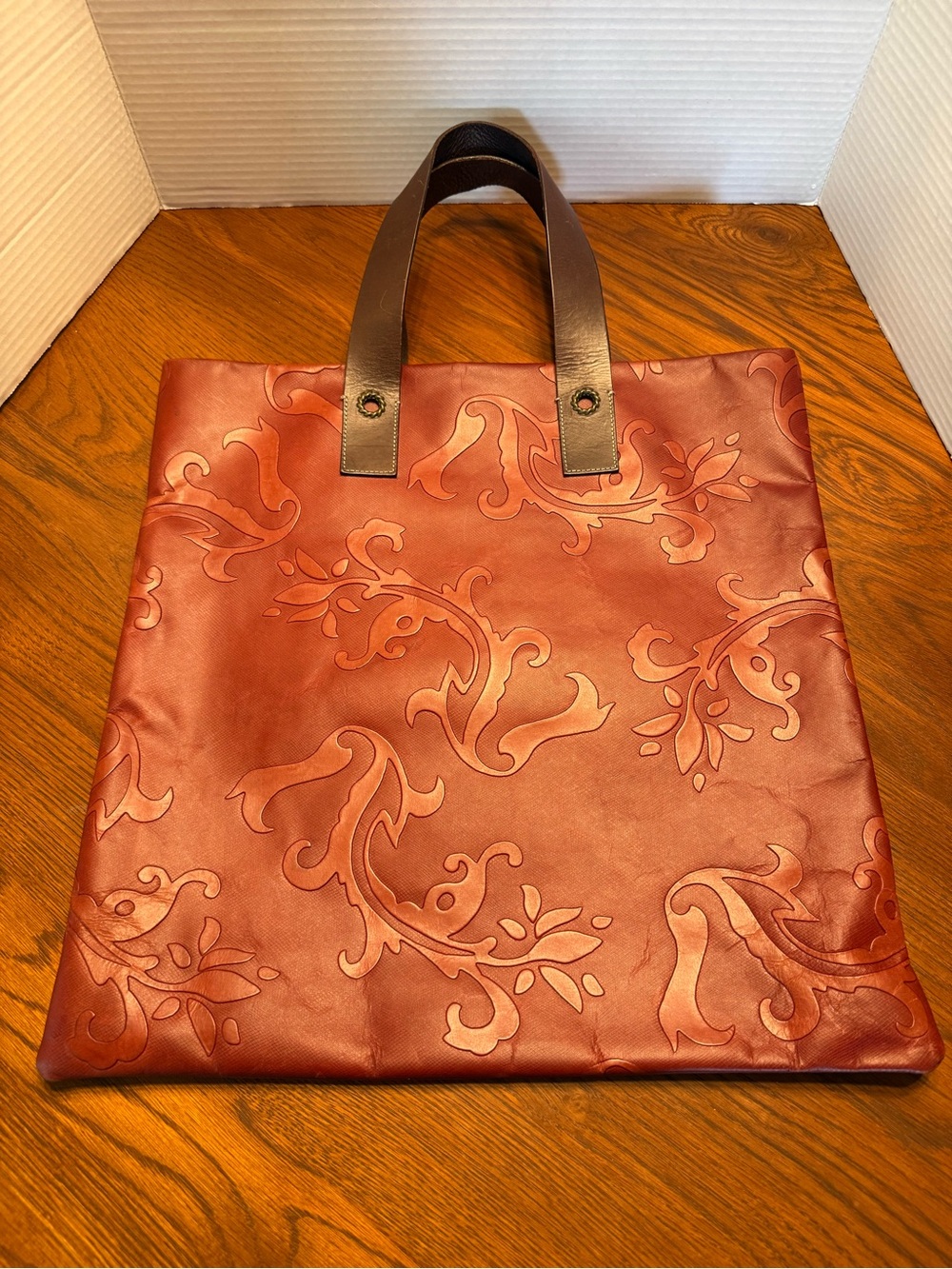 Falor Le Borse Leather Tote Tooled Embossed Brown Purse Bag Made in Italy 16x16.